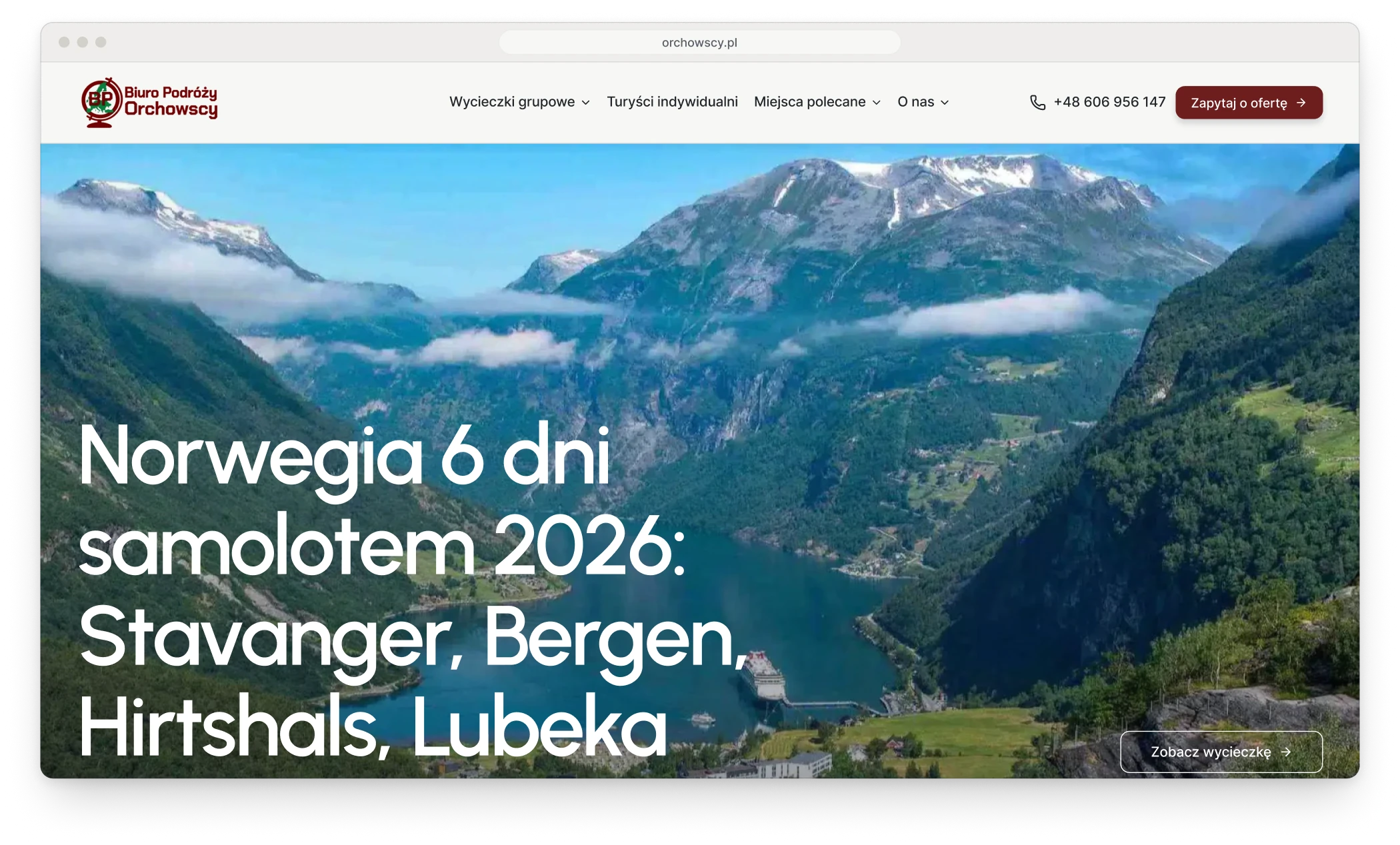 The new Orchowscy home page in a browser window, with a light bar, a menu in sentence case, one brick red button and the tour's name set large over the same photograph of the fjord