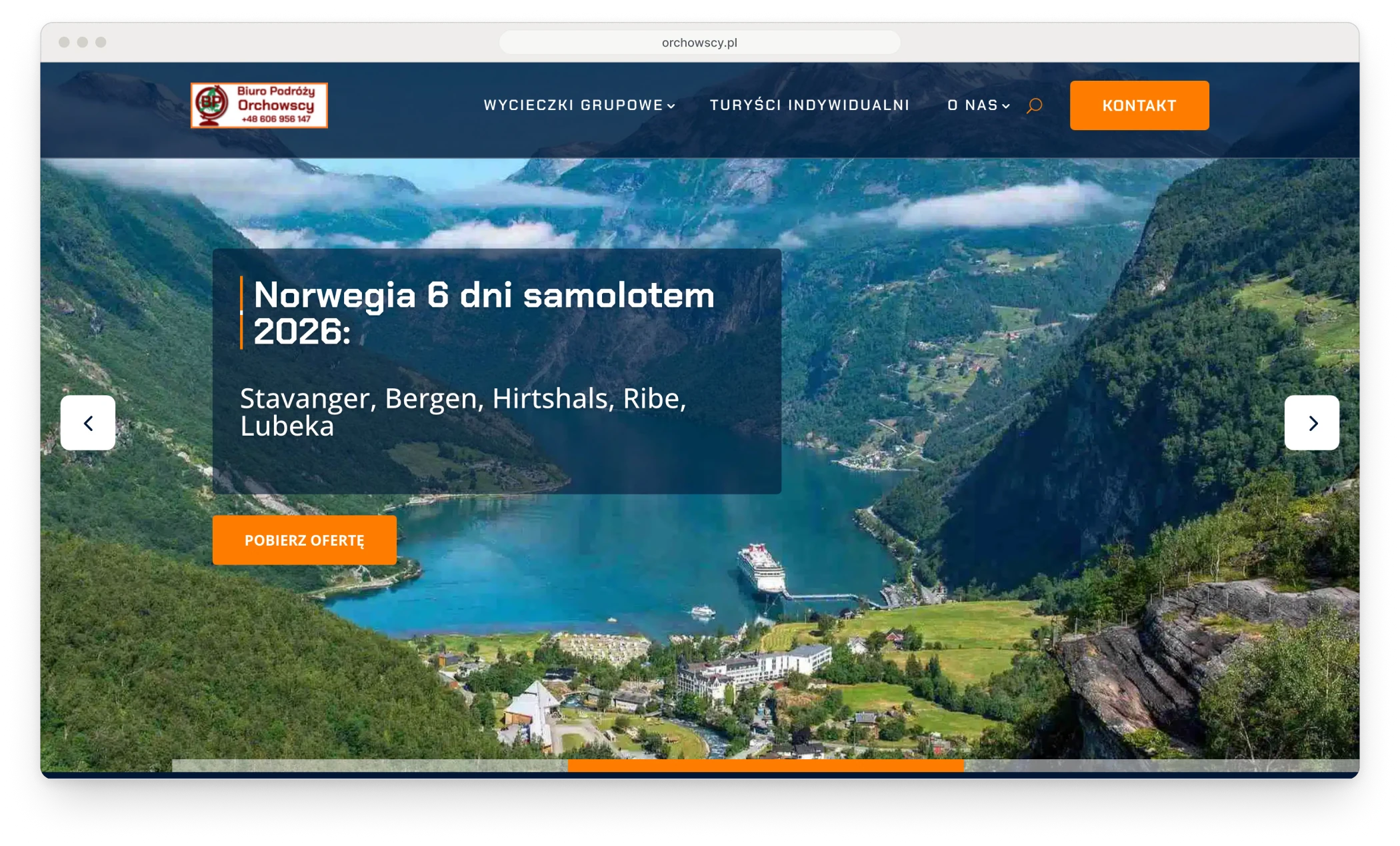 The old Orchowscy home page in a browser window, with a navy bar, a menu set in capitals, orange buttons and the tour's name in a dark box over a photograph of a Norwegian fjord