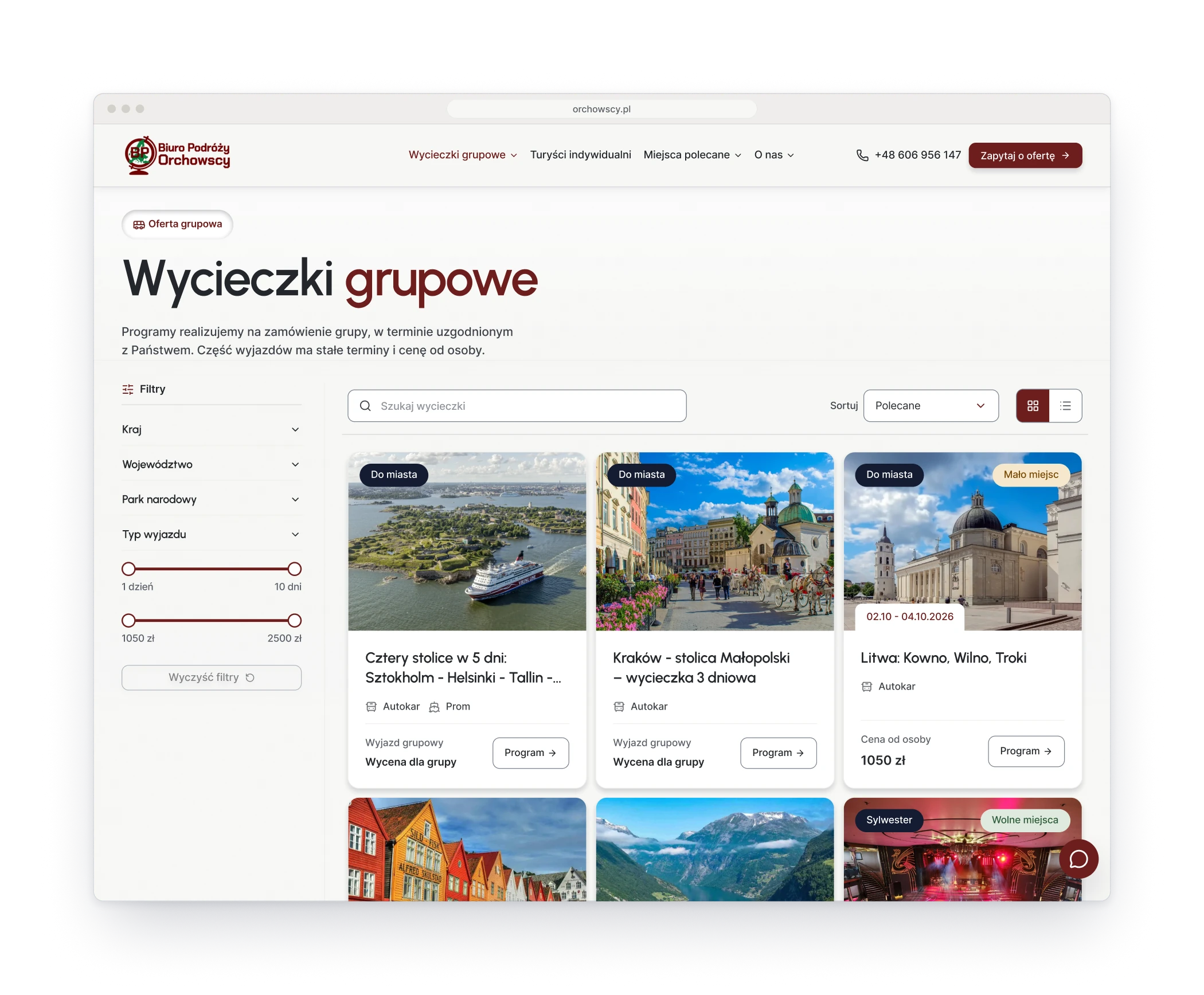 The tour catalogue in a browser window, with filters on the left, search and sorting above and three tour tiles in a row