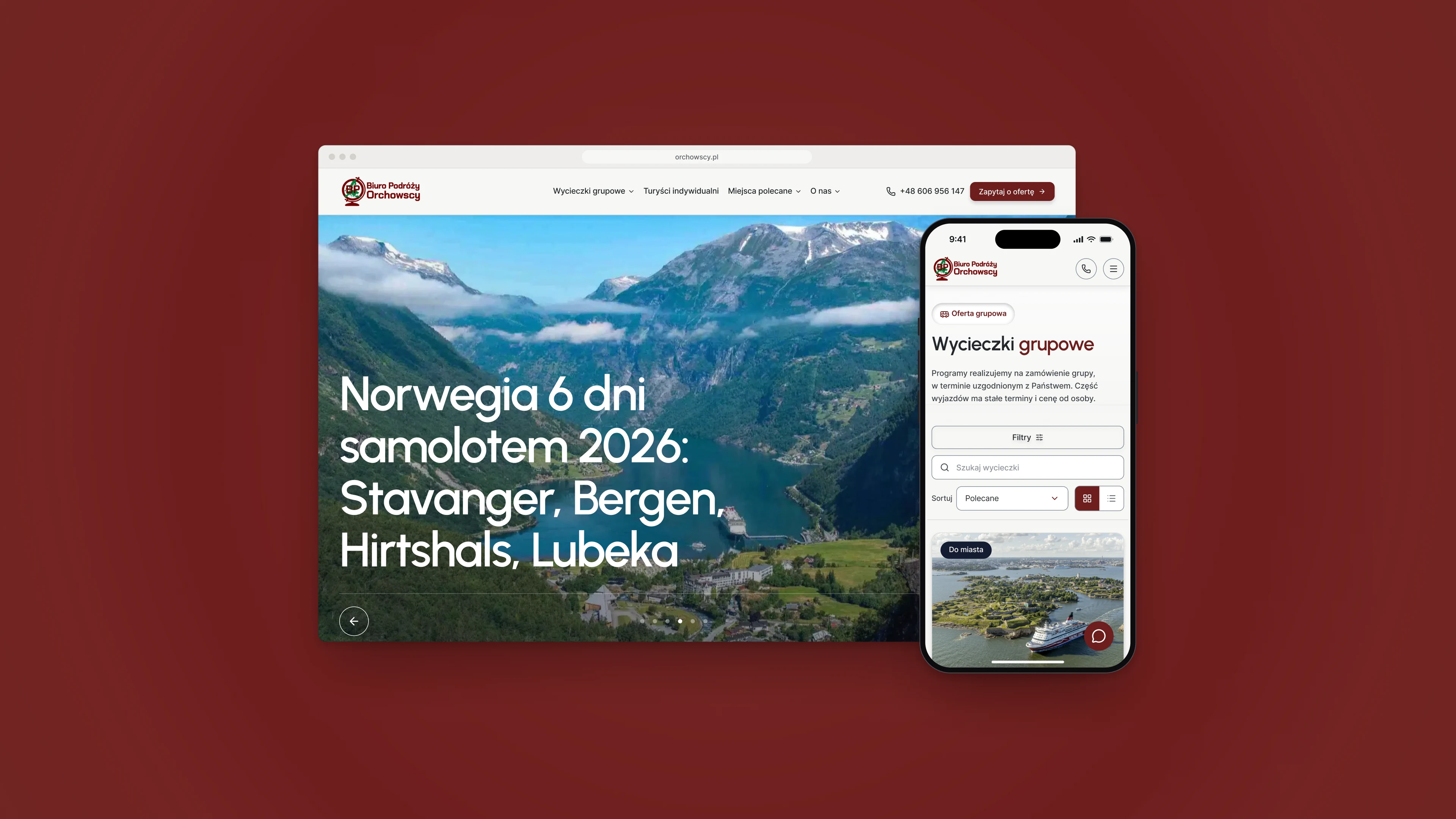 The Orchowscy home page in a browser window and the tour catalogue on a phone, on a brick red background