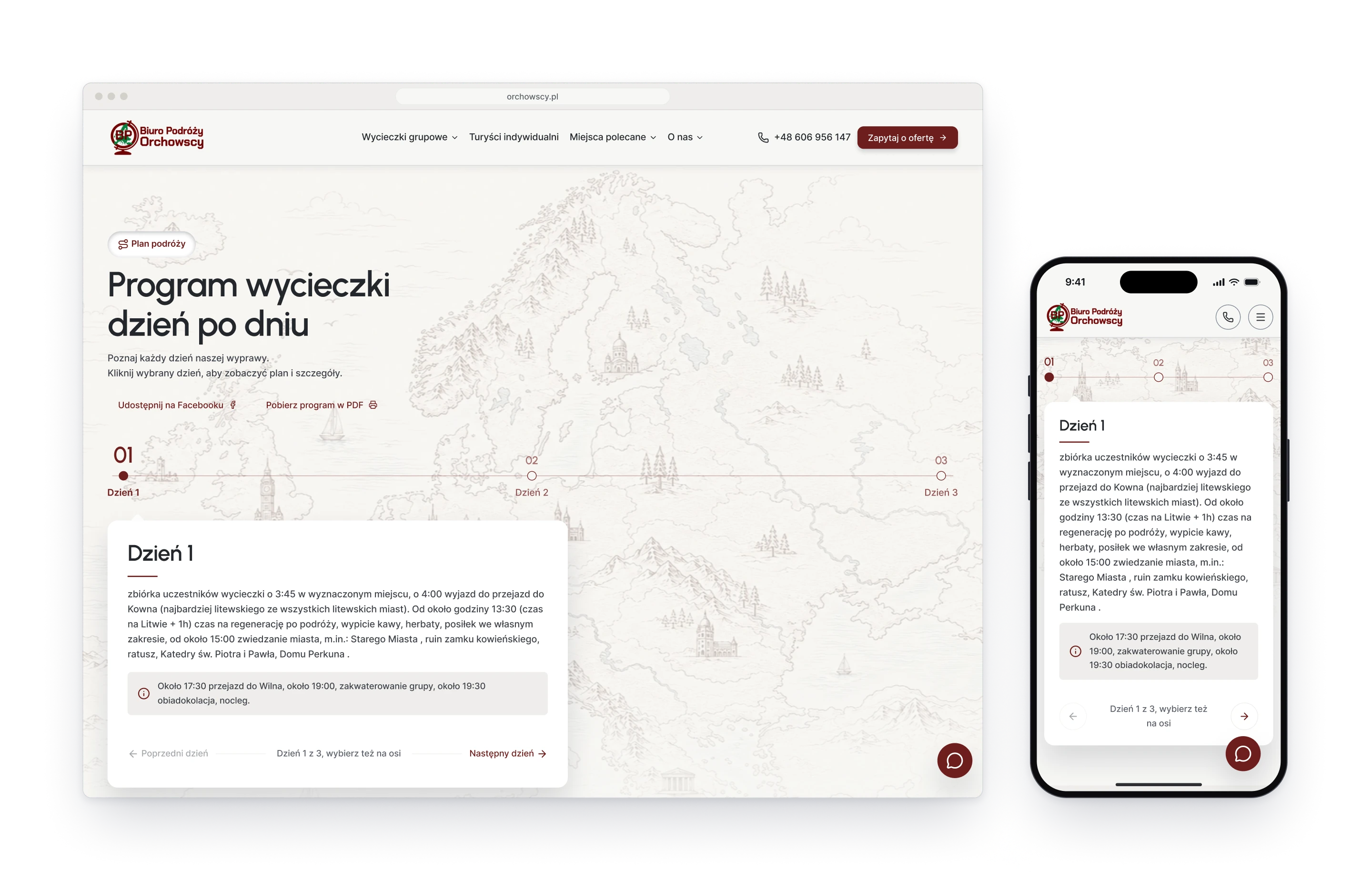 A tour's programme in a browser window and on a phone, as a three day timeline with the first day open on a card