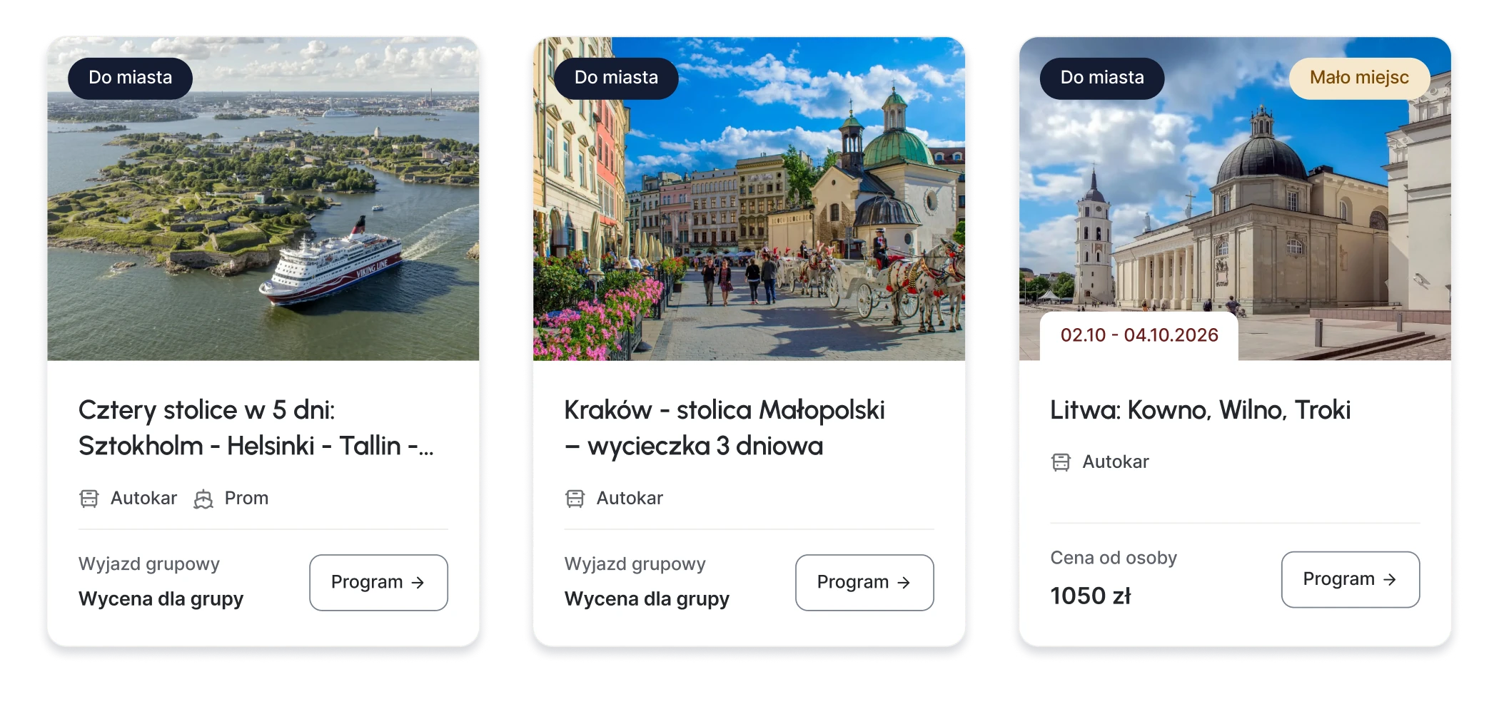 Three tour tiles side by side, two quoted for a group and one with a date, a low availability badge and a price per person