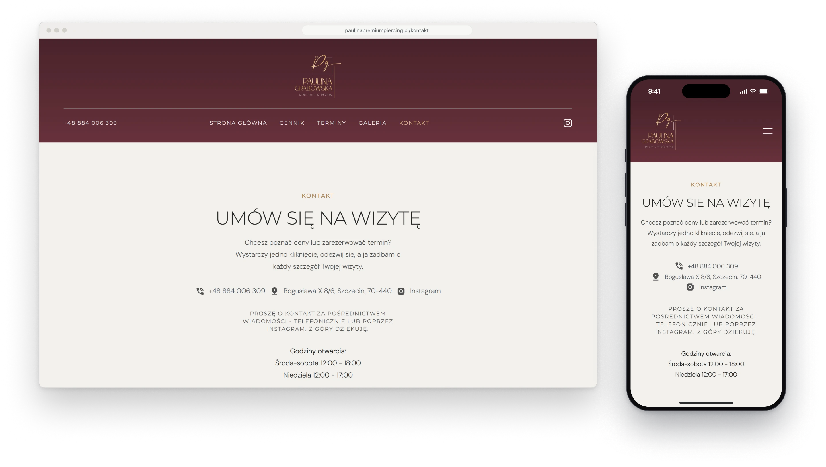 The contact page in a browser window, the heading Book a visit, the phone number, the address and Instagram on one line, a request to get in touch by message, phone or Instagram and the opening hours, next to the same page on a phone