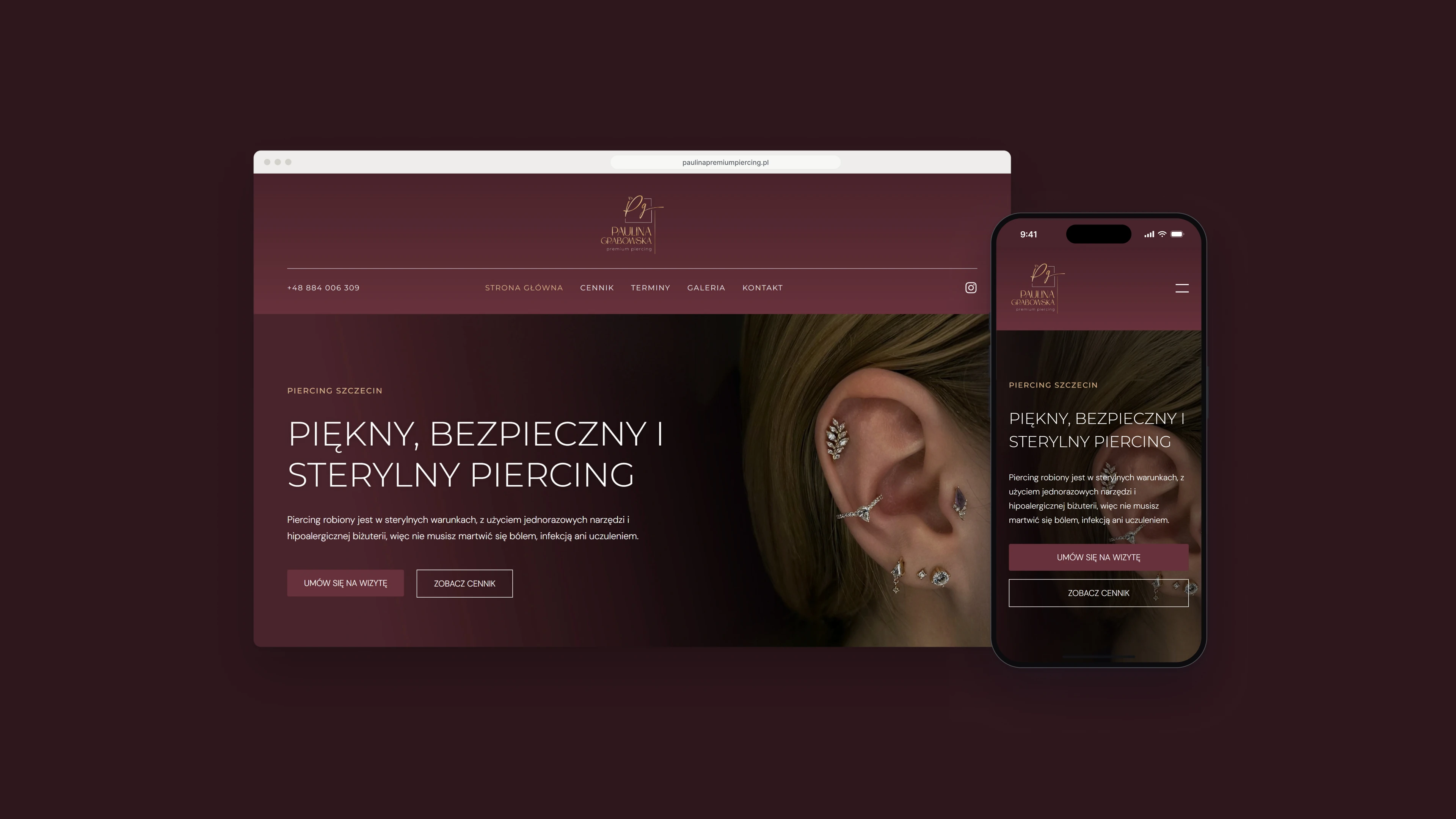 The Piercing Premium home page in a browser window, a burgundy header with a gold logo and the menu, and below it a heading about beautiful, safe and sterile piercing with two buttons, to book a visit and to see the price list, over a photograph of an ear with several earrings, next to the same page on a phone, on a dark burgundy background