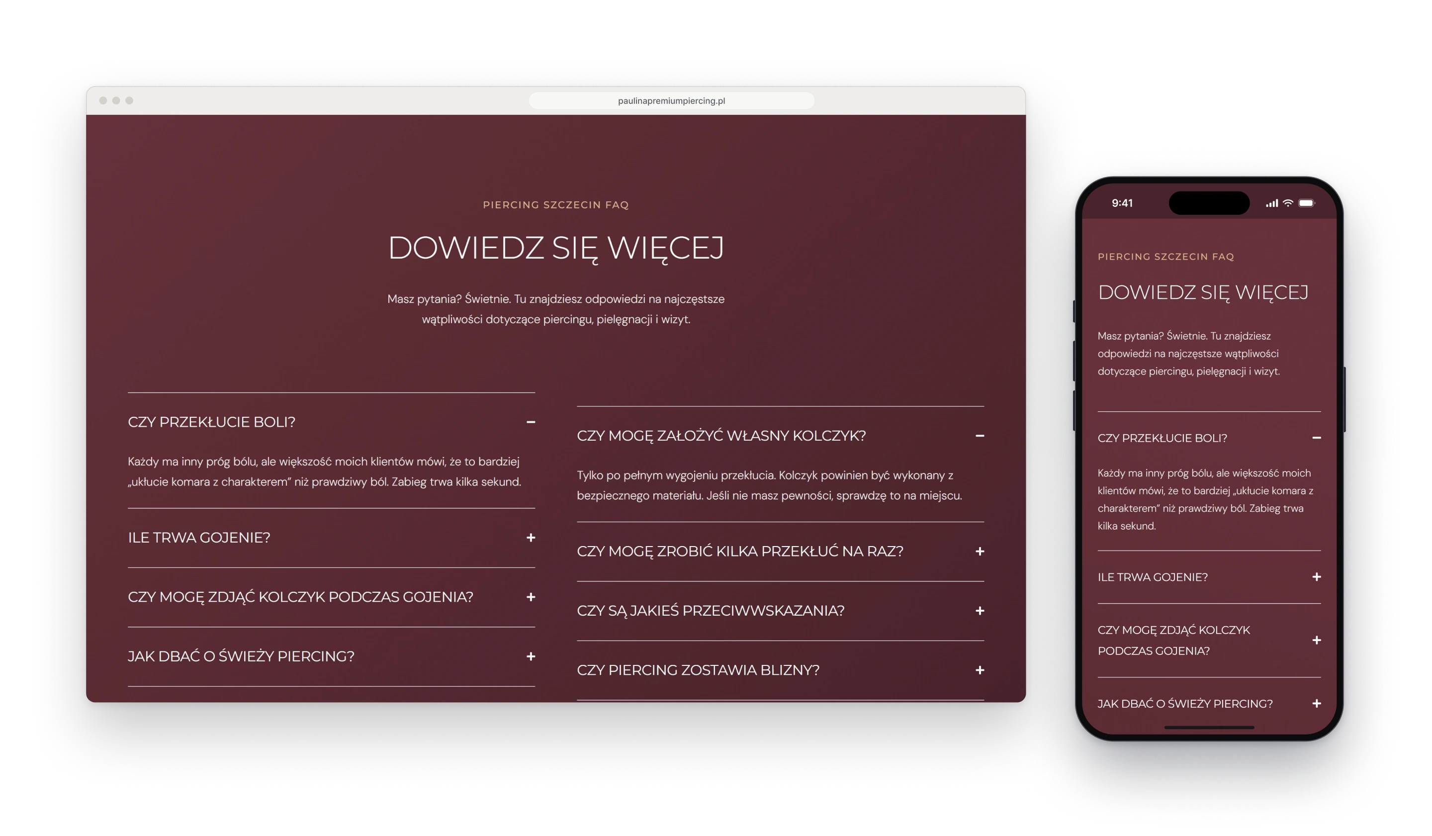 The common questions in a browser window, a burgundy section headed Find out more with questions in two columns and the first one in each open, next to the same list on a phone