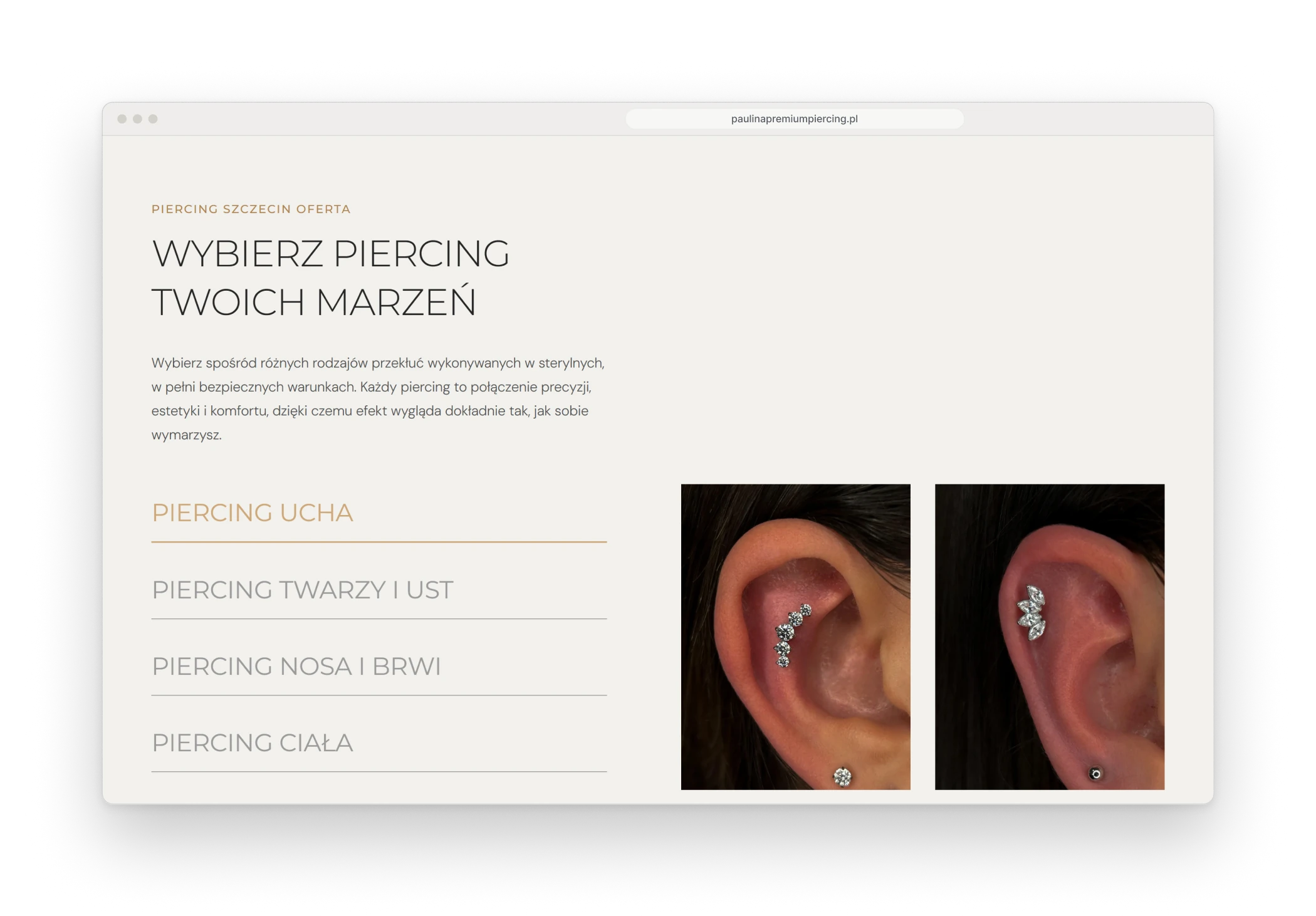 The offer in a browser window, a heading inviting you to choose the piercing of your dreams, a list of kinds of piercing with ear piercing selected in gold, and two photographs of an ear with silver jewellery