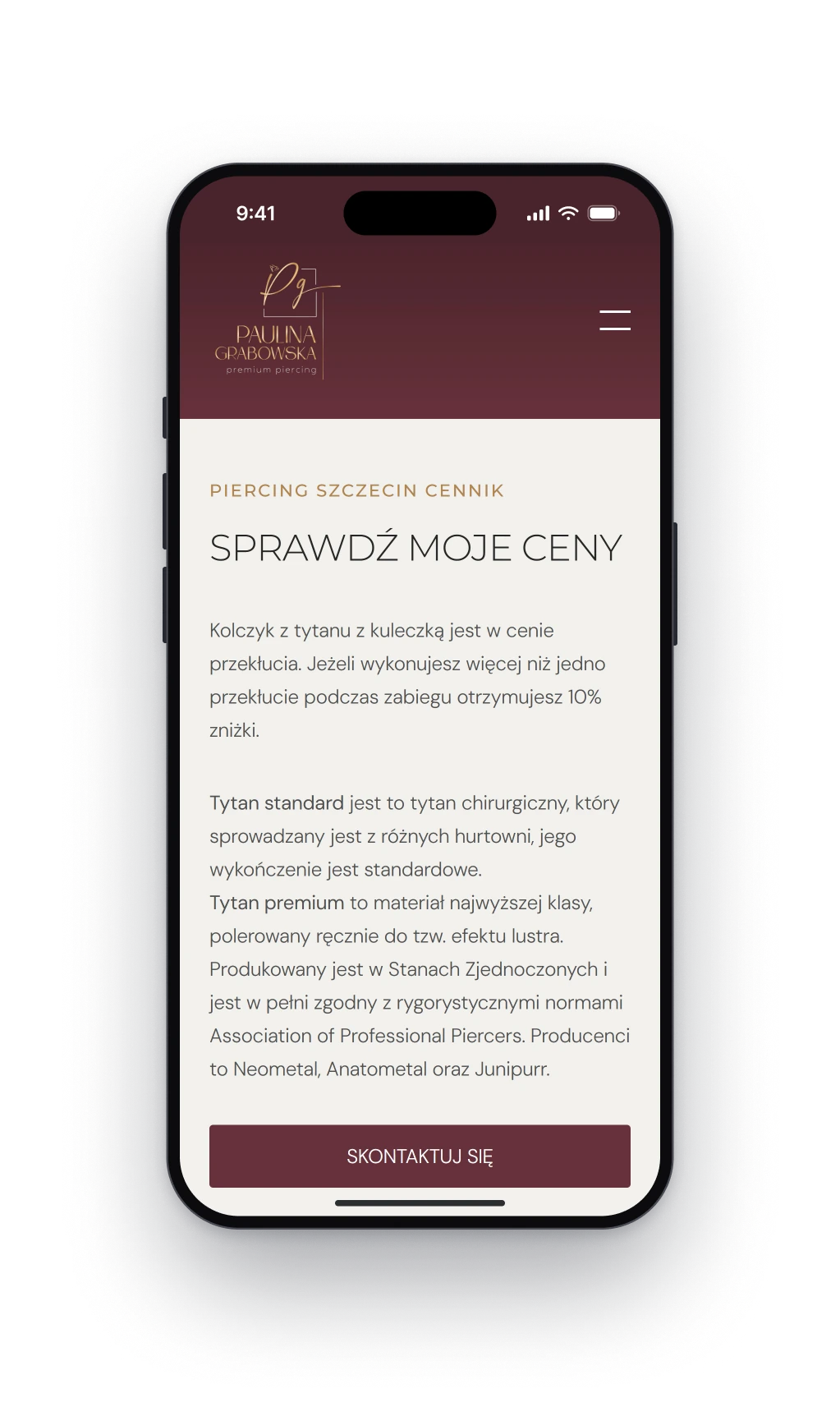 The price list page on a phone, the burgundy header with the gold logo, the heading Check my prices, two paragraphs about the two grades of titanium and a burgundy button to get in touch
