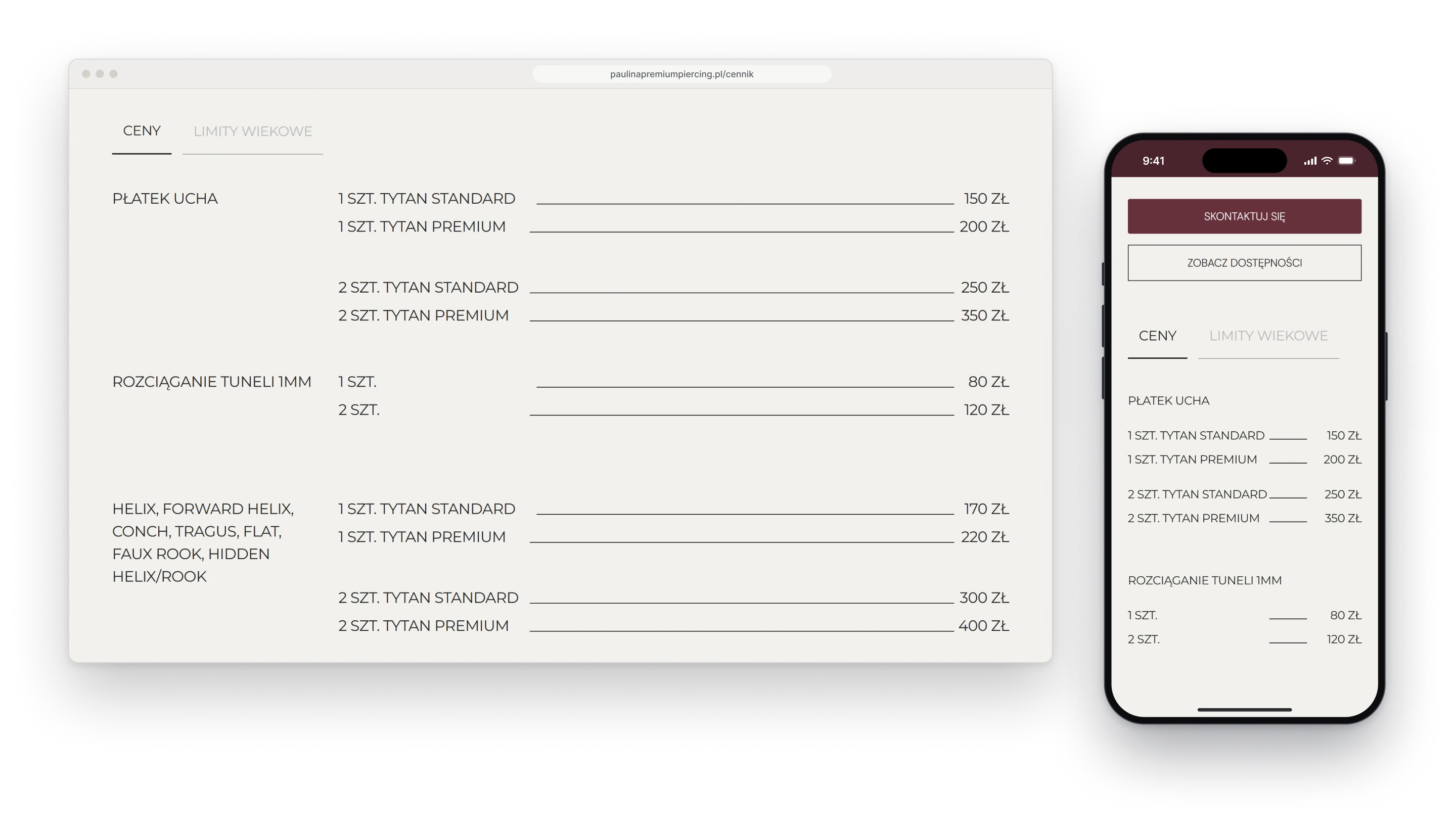 The price list in a browser window, two tabs for prices and age limits above rows that give a piercing, the grade of titanium and the price joined by a thin line, next to the same list on a phone under two buttons