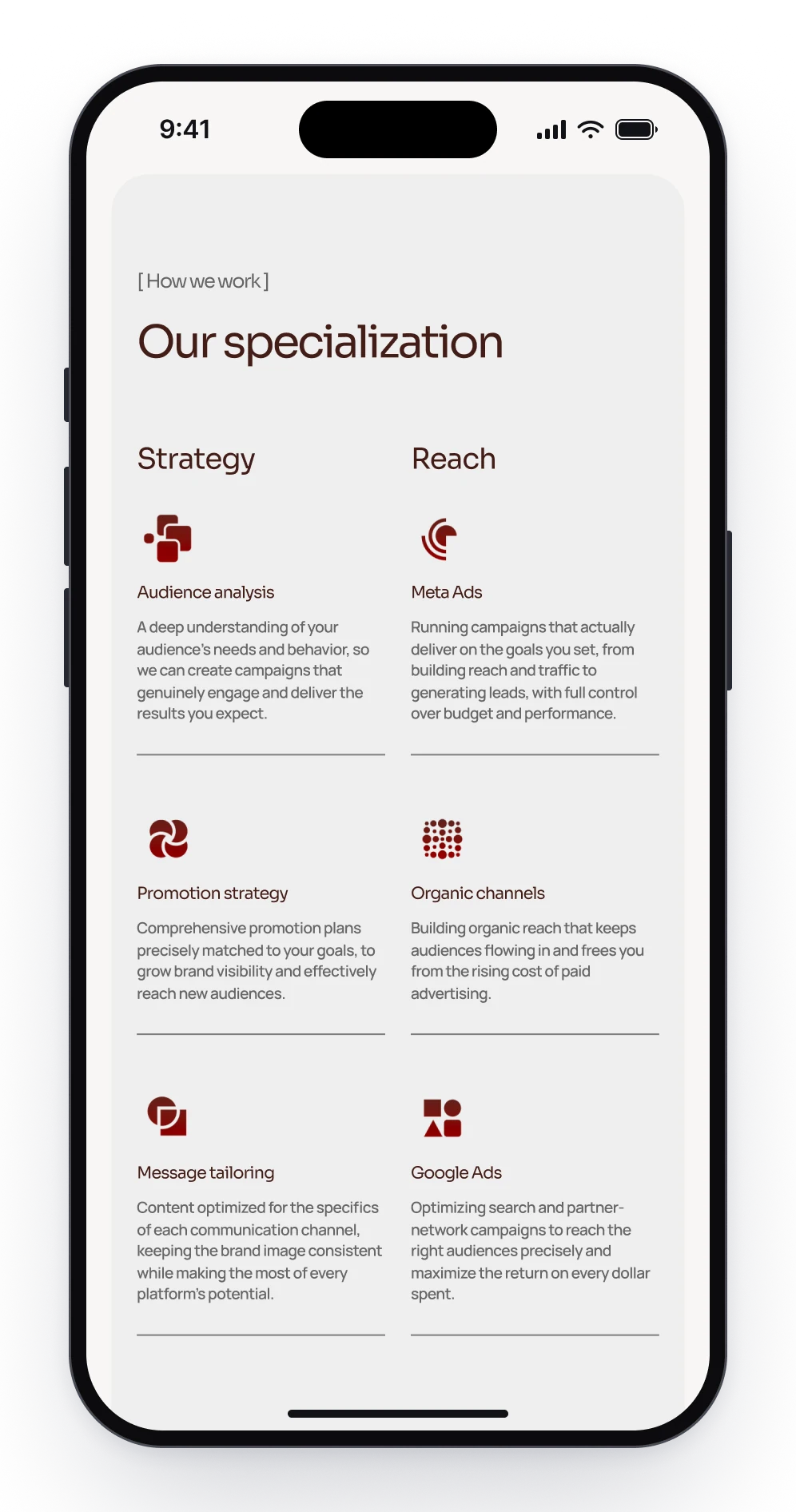 Our specialization on a phone, the services under Strategy and Reach in two columns, each with a red icon and a short description