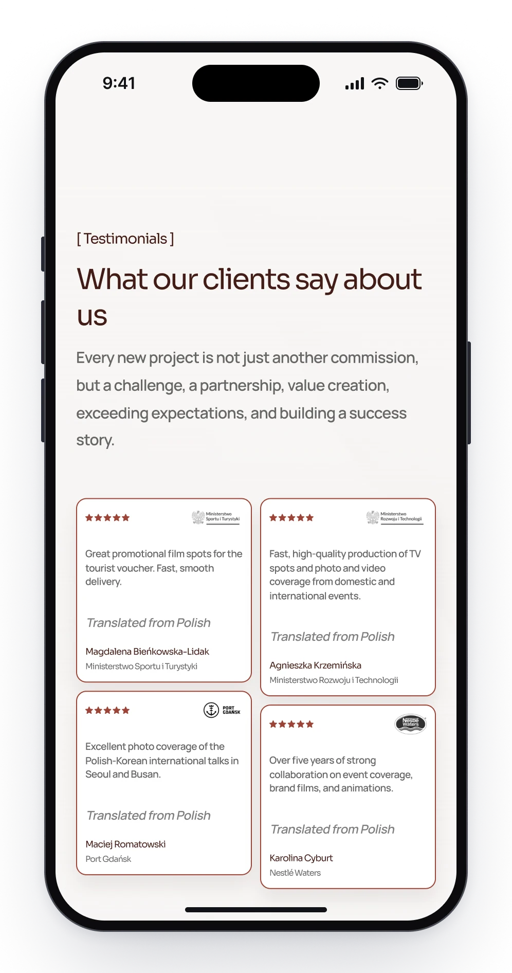 What our clients say about us on a phone, four review cards in two columns, each with five stars, a client logo and a name