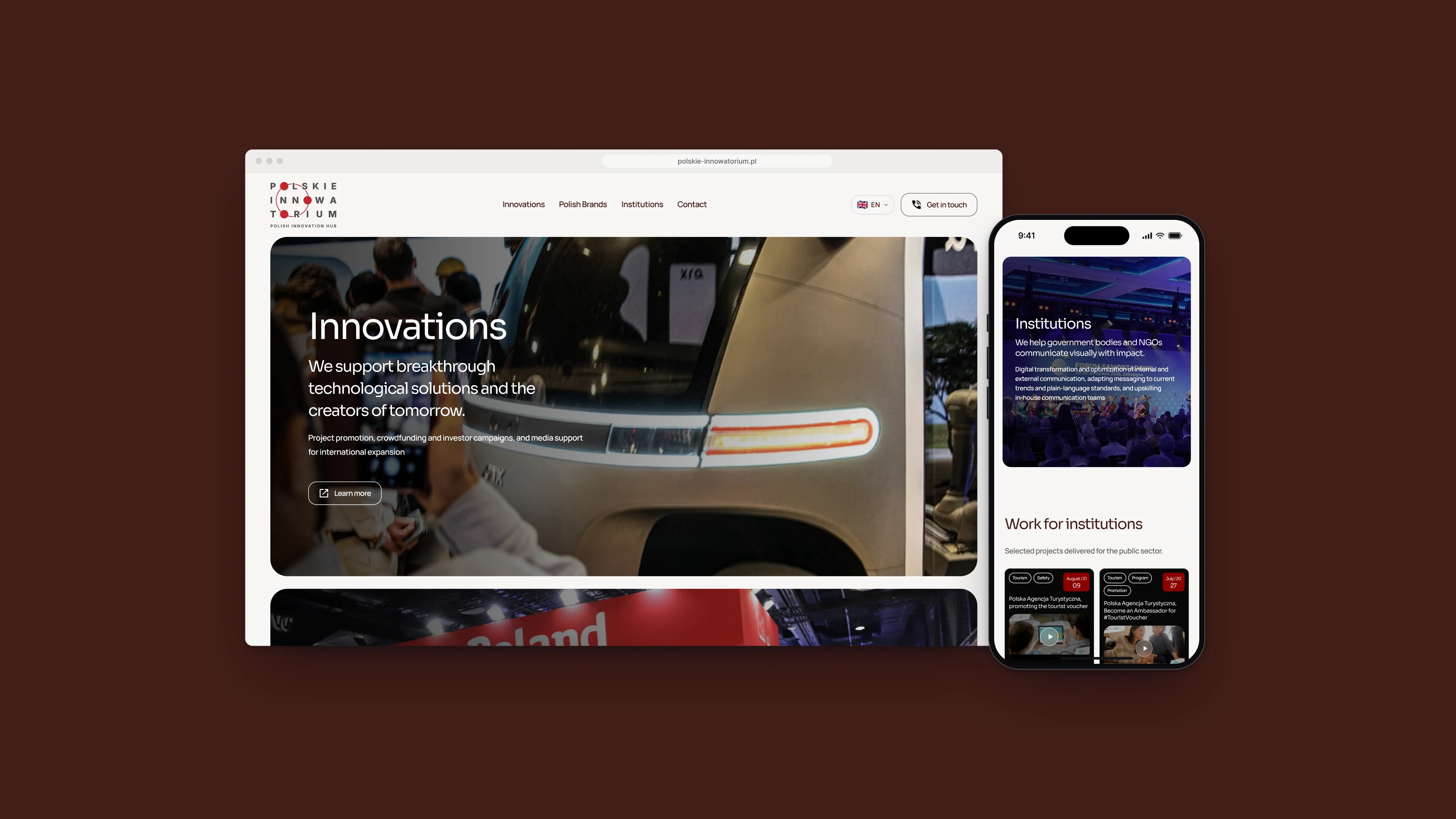 The Polskie Innowatorium home page in a browser window, with the Innovations card over a photograph of a vehicle at a trade fair, and the Institutions page on a phone, on a dark maroon background