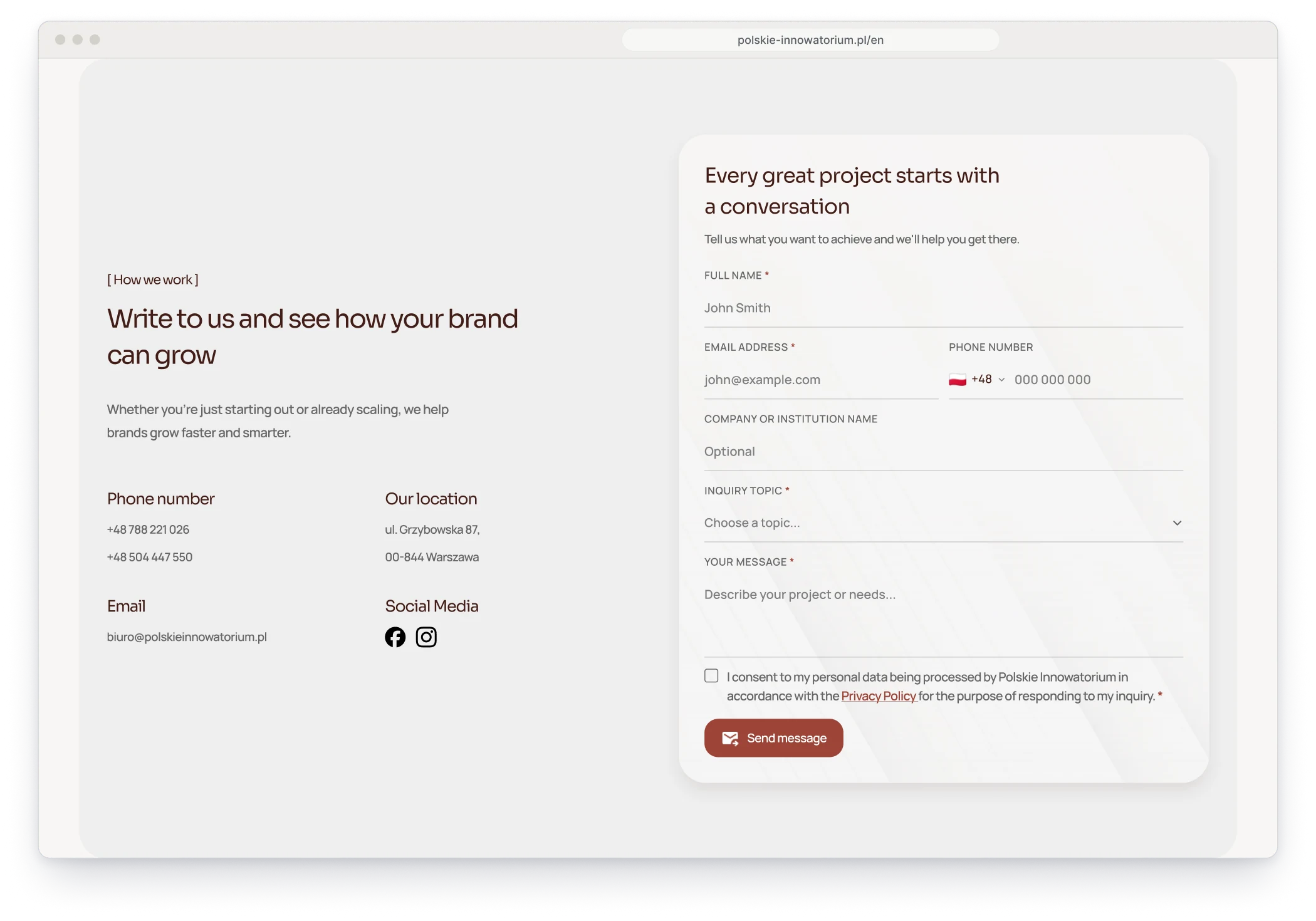 The contact section of the English site in a browser window, the text on the left and the form on the right, with the e-mail and phone fields side by side
