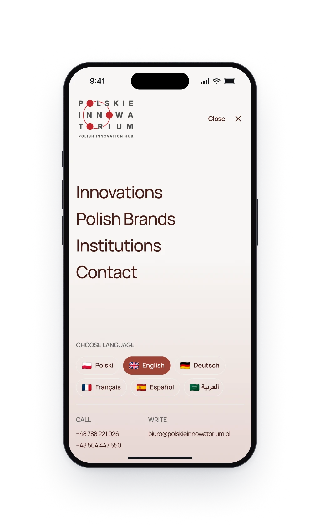 The menu on a phone, with four links, a row of six languages with English chosen, and the phone numbers and the e-mail address below