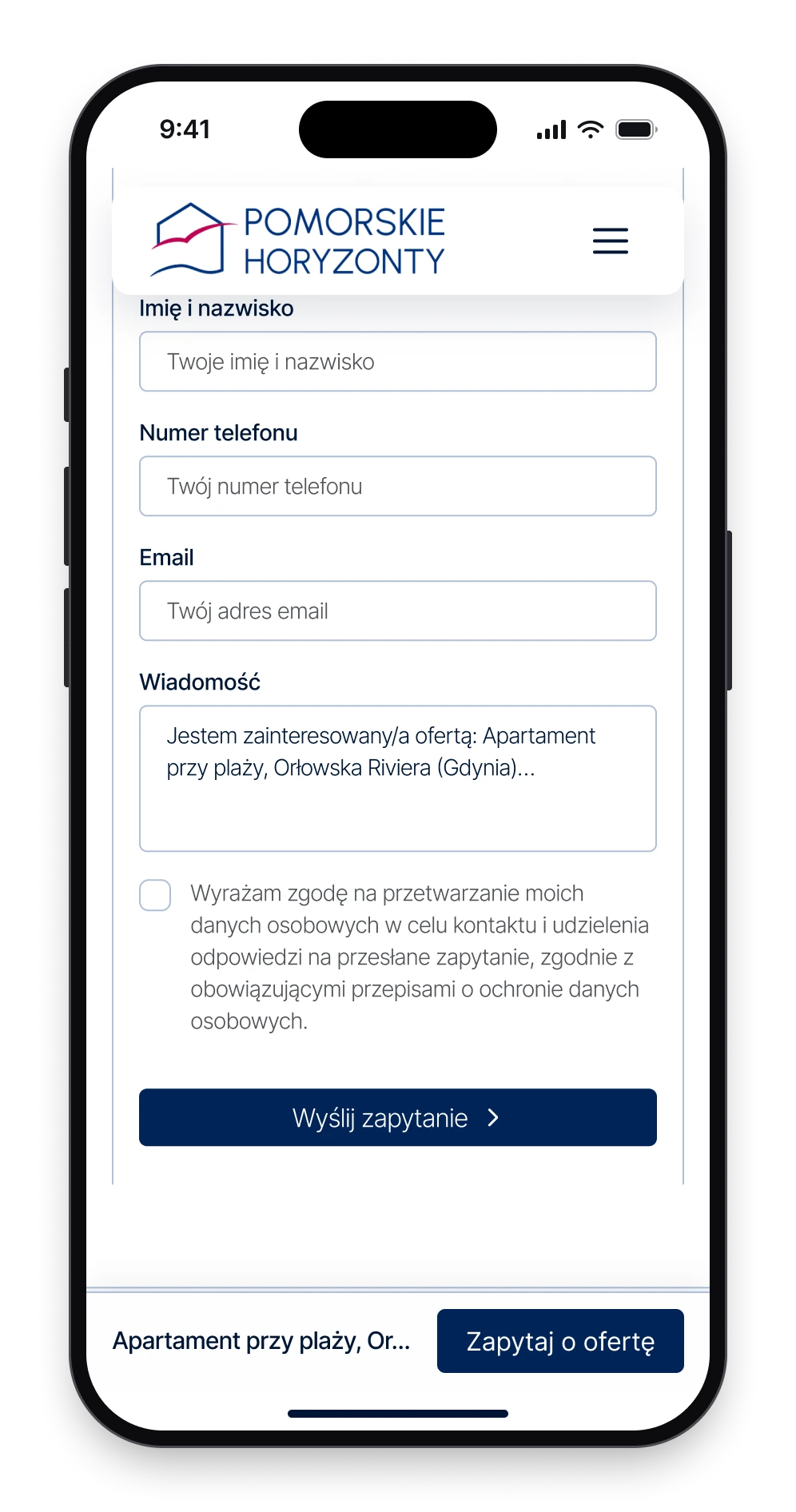 The enquiry form on a phone, with fields for a name, a phone number and an e-mail, and a message that already names the apartment