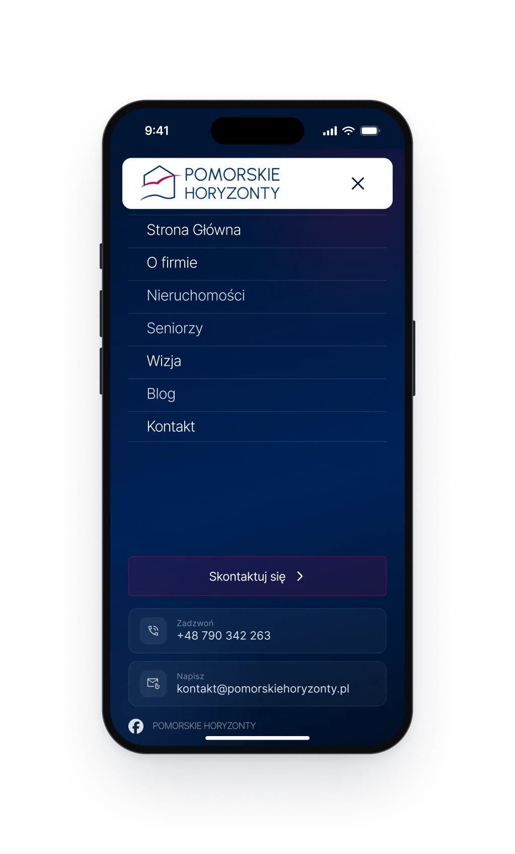 The menu on a phone, navy, with seven links, a contact button and tiles for the phone number and the e-mail address