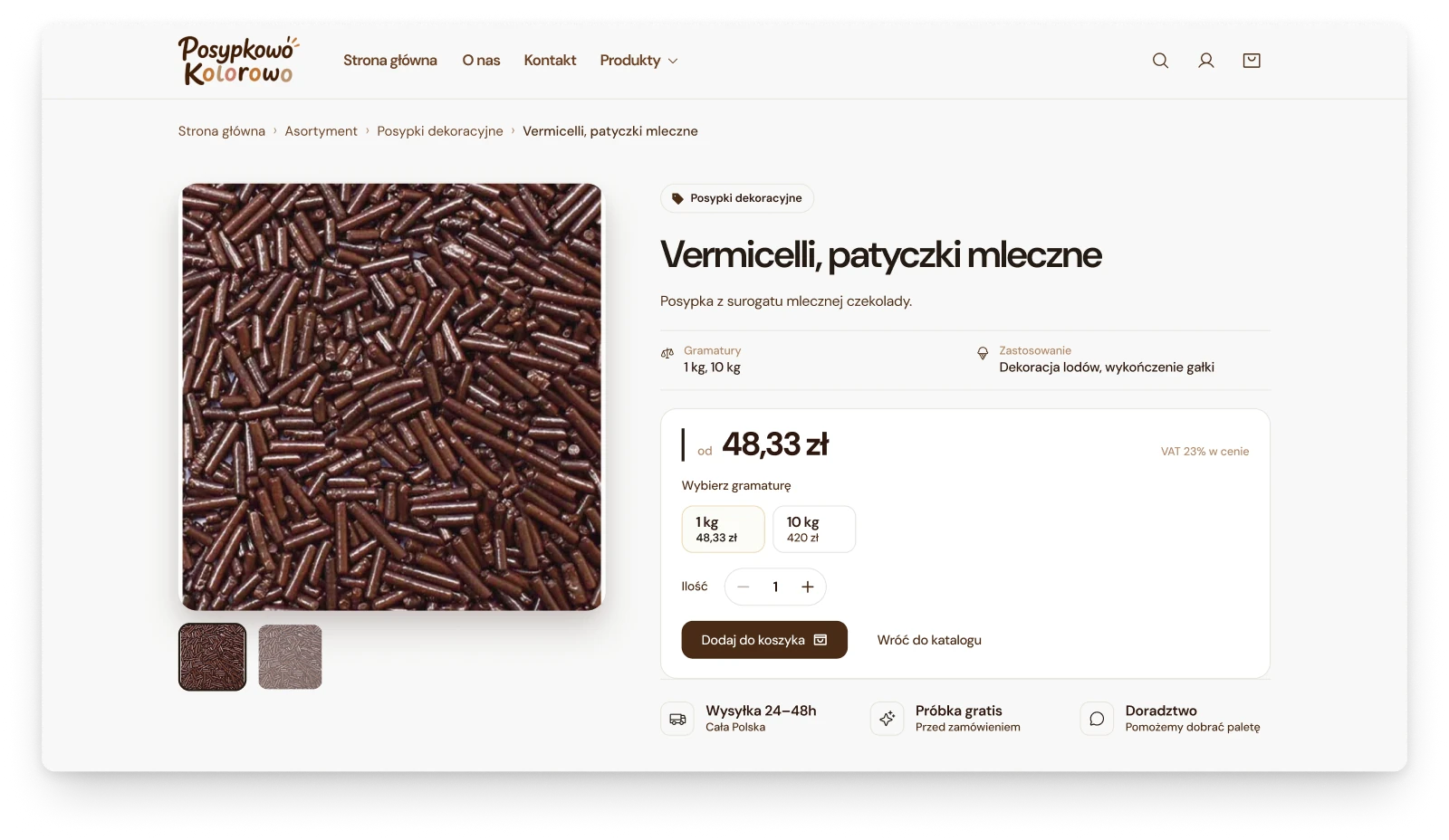 The product page that is live, with a photograph, the price, two pack sizes, a quantity field and a button to add to the basket