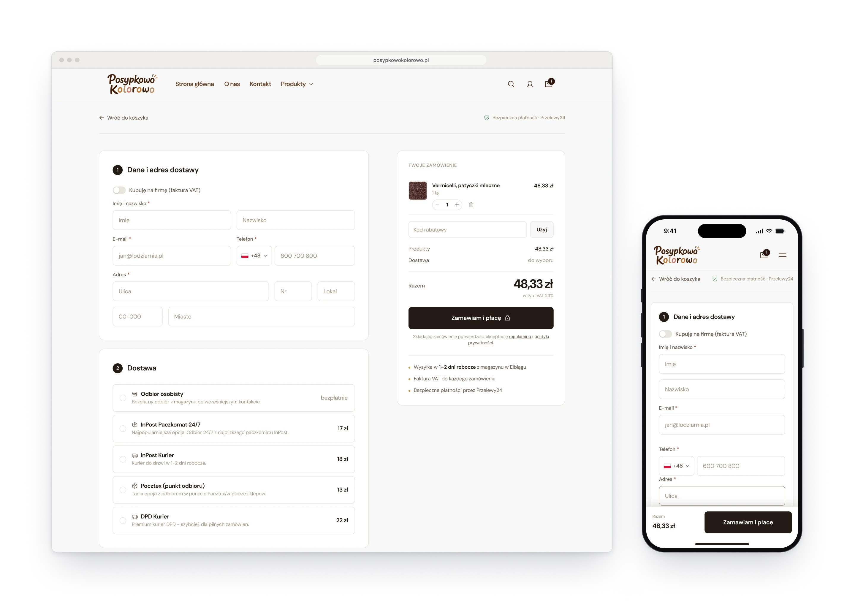 The checkout in a browser window, with the delivery details and the delivery options on the left and the order summary on the right, next to the same checkout on a phone