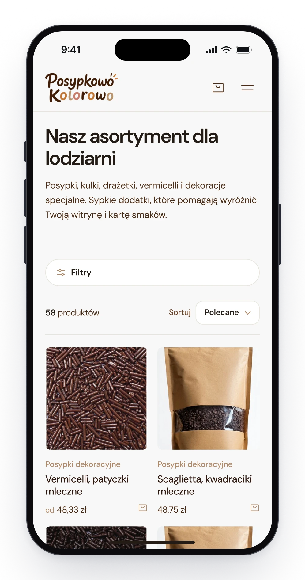 The catalogue on a phone, with a filter button, the number of products and two product tiles, one of them priced from 48,33 zł