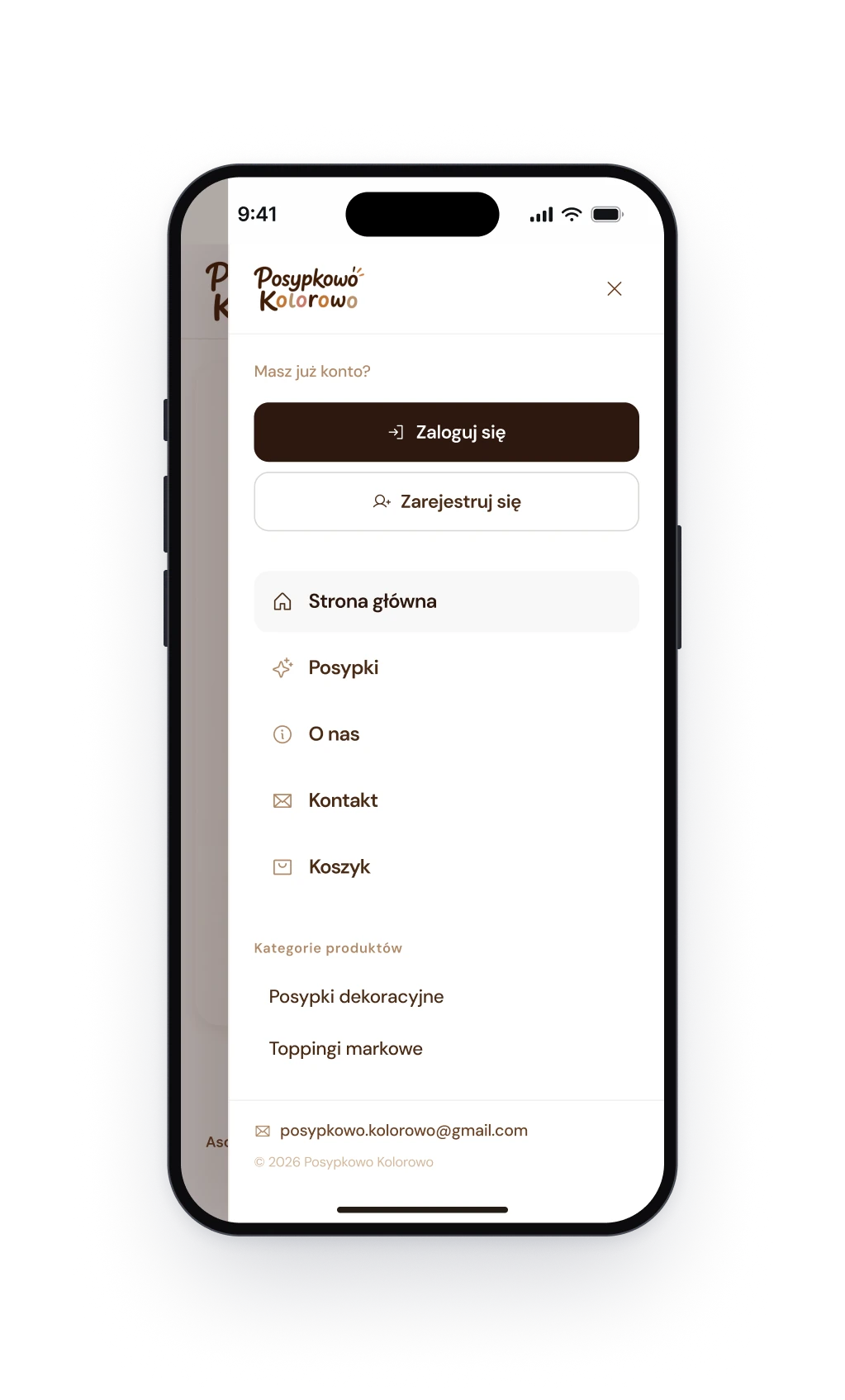 The menu on a phone, with buttons to sign in and to register, five links and the first product categories