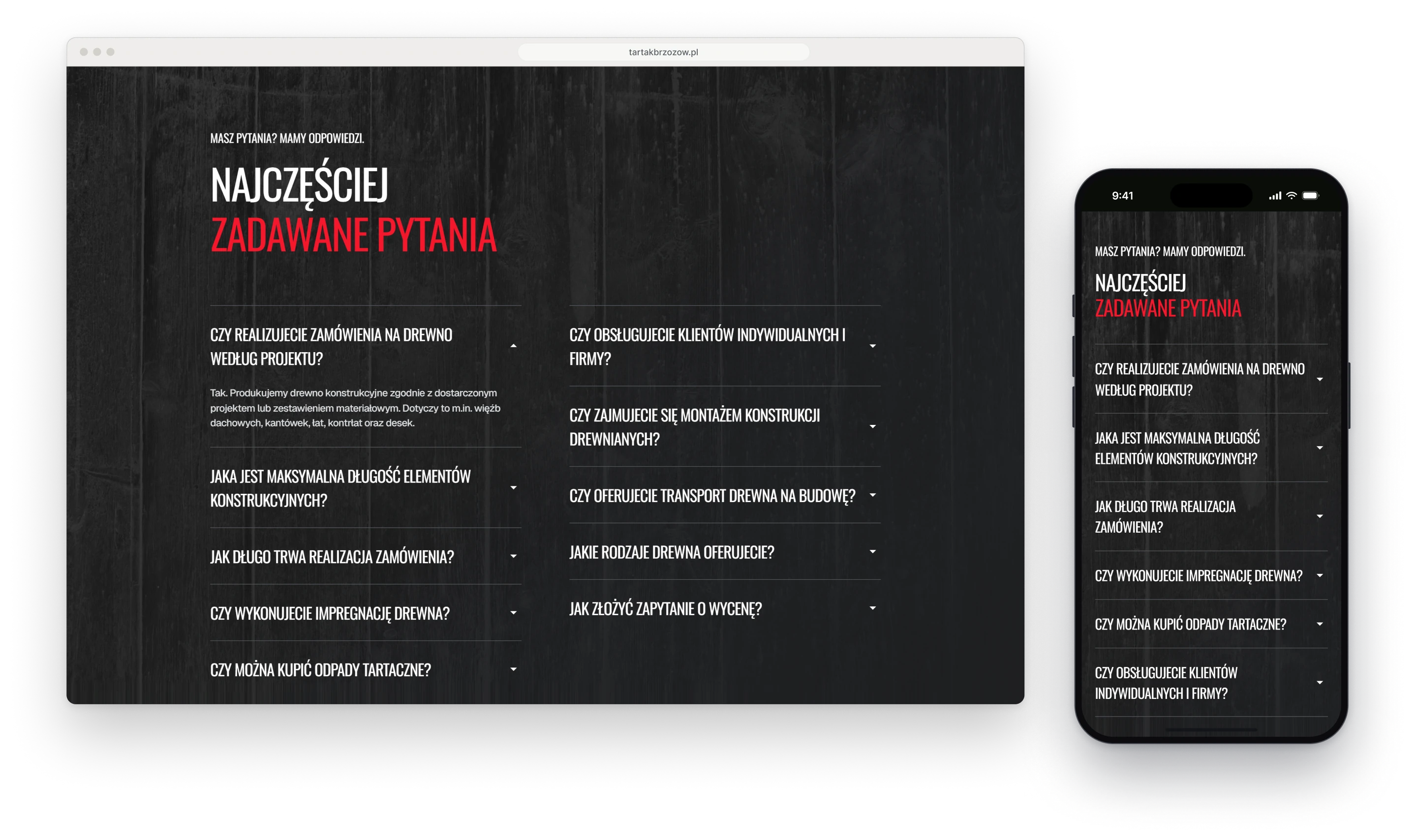 Najczęstsze pytania w oknie przeglądarki, ciemna sekcja z dziesięcioma pytaniami w dwóch kolumnach i otwartym pierwszym, obok ta sama lista na telefonie