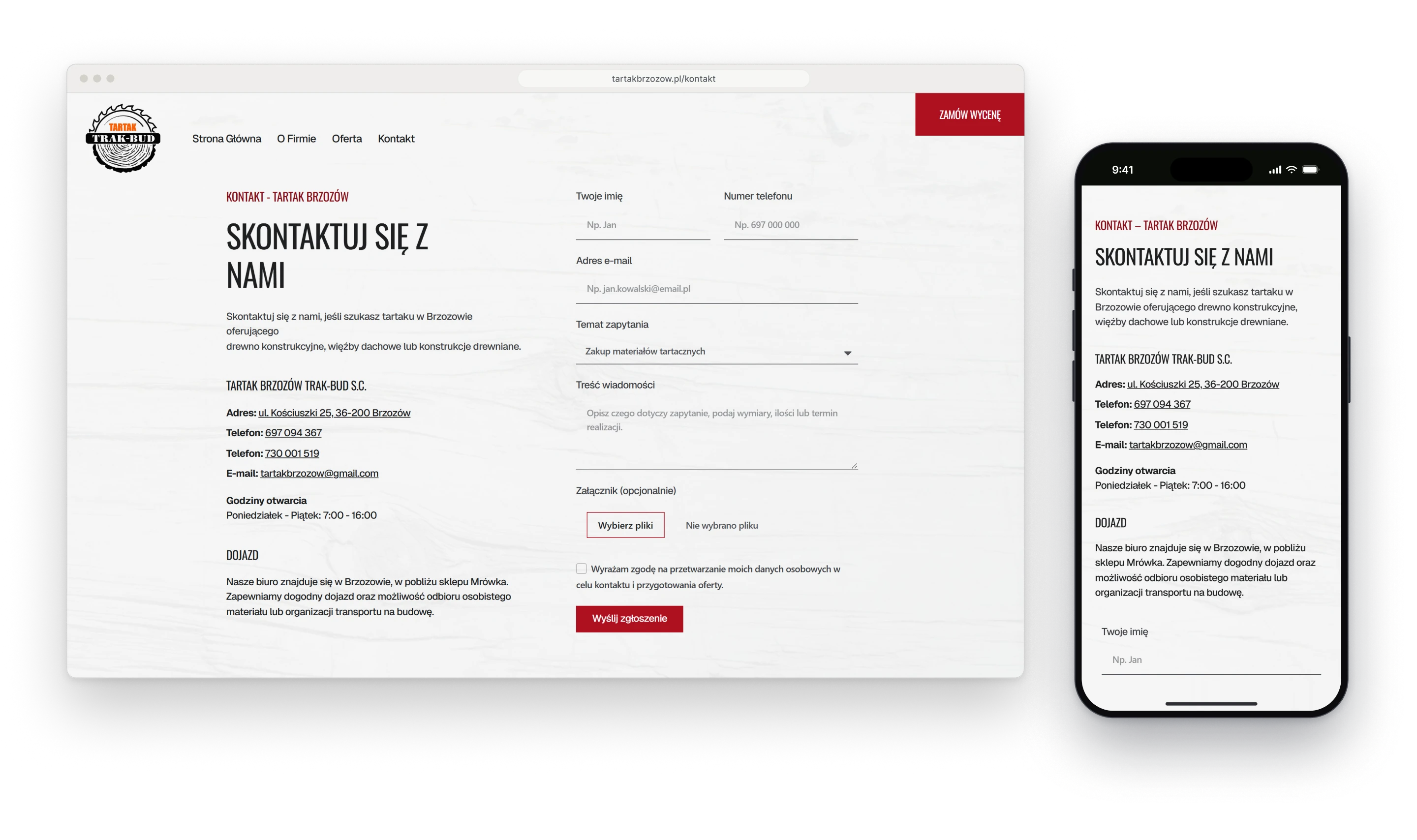 Strona kontaktu w oknie przeglądarki, po lewej adres i numery telefonów, po prawej formularz z polami na imię, telefon, e-mail, temat i wiadomość, przyciskiem wyboru plików i czerwonym przyciskiem wysyłania, obok ta sama strona na telefonie